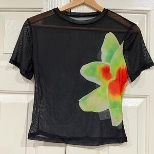 Brand New without Tags Black Mesh Floral Top Size Large